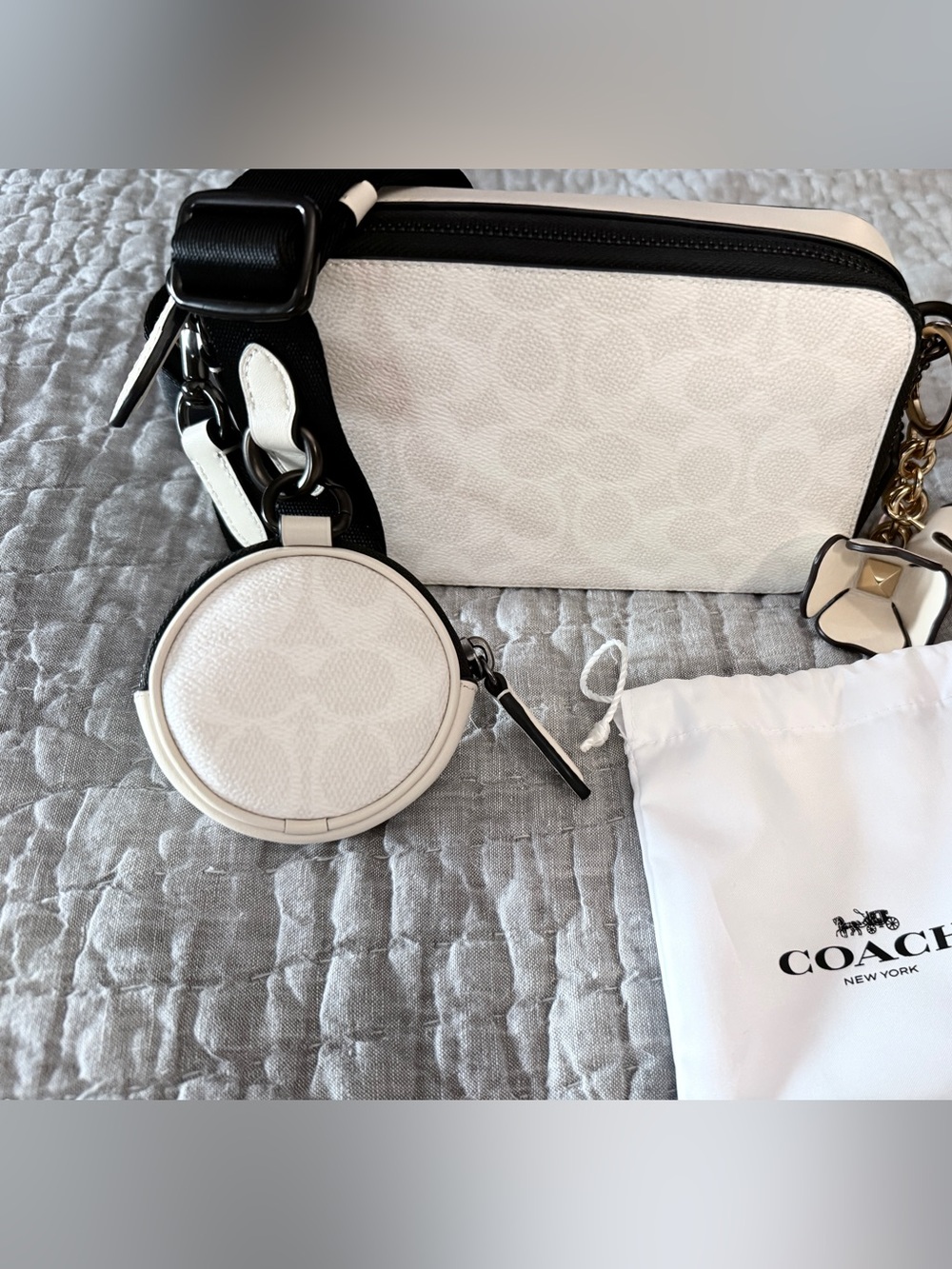 Coach Signature Debossed Leather Round Coin Pouch Bag Charm Chalk